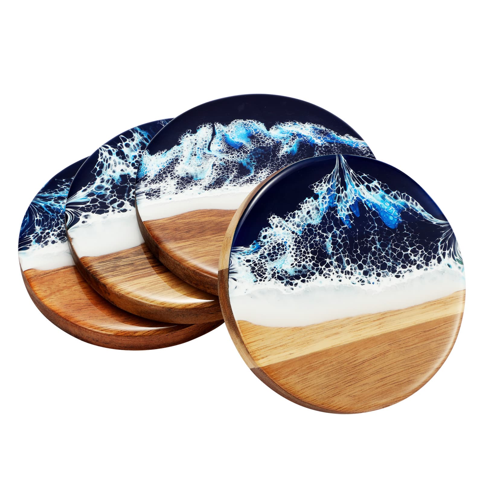 Blue ocean wood and resin coaster set of four