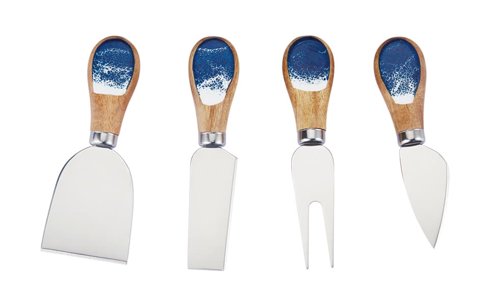 Blue wood and resin cheese knife set of four