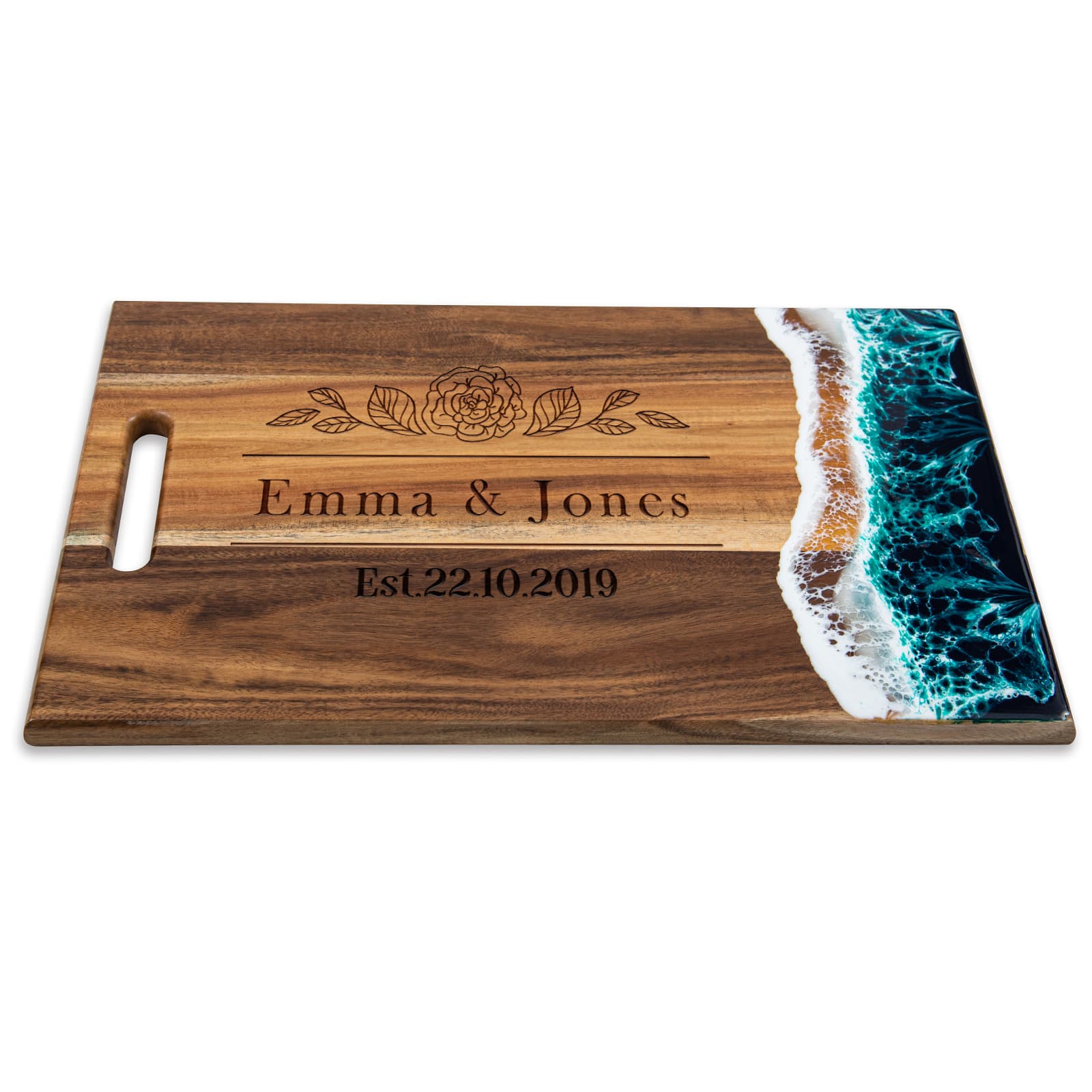 Angled green large wood and resin cutting board with personalized floral engraving